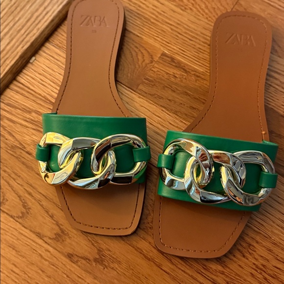 ZARA gold chain emerald green tan sandals European 39 - Picture 8 of 8